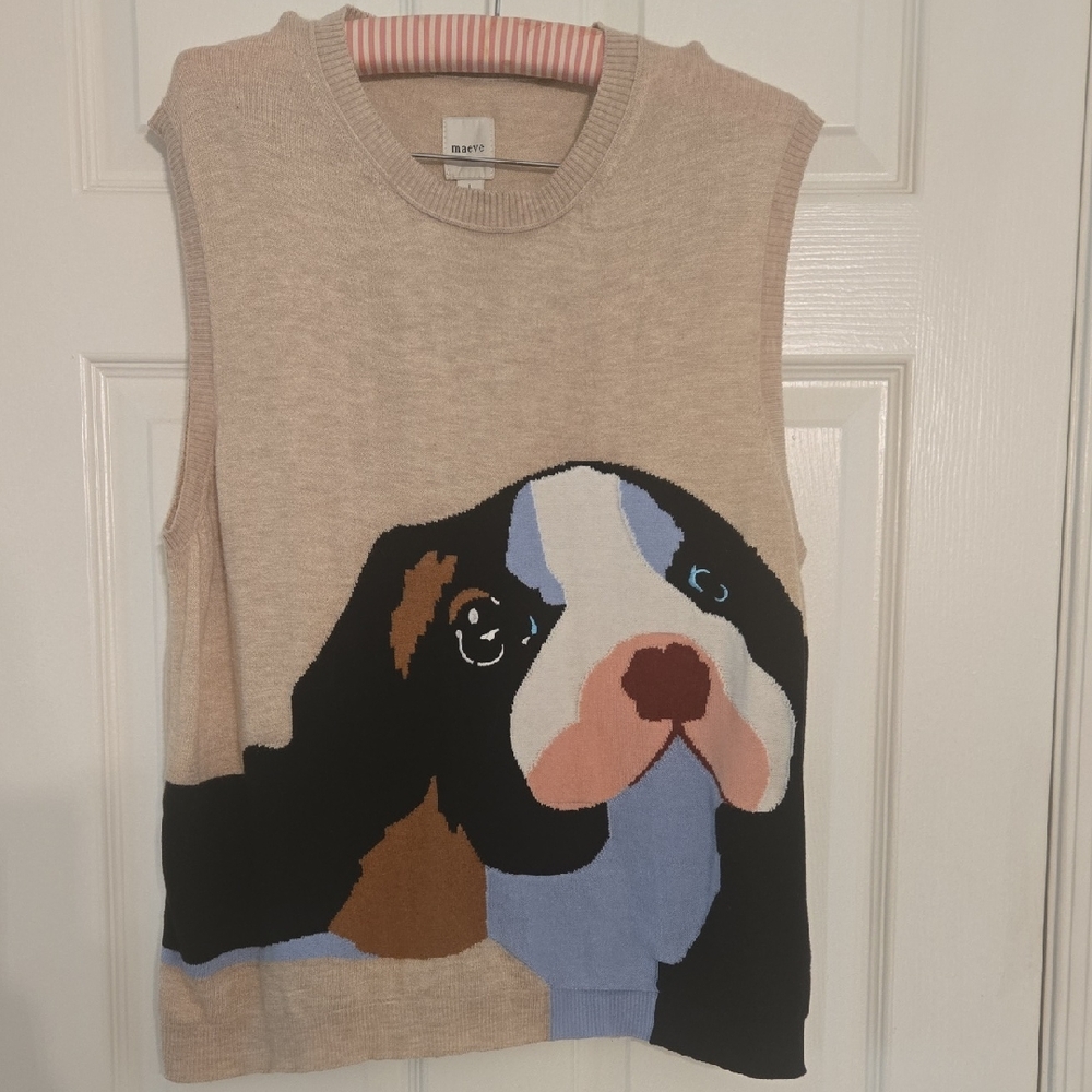 Anthropologie Beige Tank with Multicolor Dog Intarsia